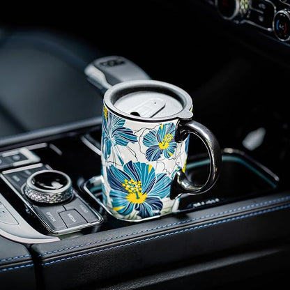 Topadorn 17oz Teal Hibiscus Ceramic Travel Mug with Lid, Floral Coffee Cup with Handle, Spill Resistant Lid, Microwave & Dishwasher Safe, Gift Box Included