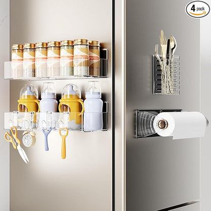Mystozer Magnetic Spice Rack for Refrigerator,4 Pack Magnetic Shelf,Fridge Magnet Organizer with Paper Towel Holder and Utensils Racks,Fridge Organizers and Storage Clear(4 Pack)
