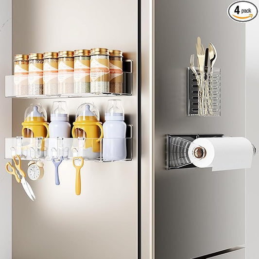 Mystozer Magnetic Spice Rack for Refrigerator,4 Pack Magnetic Shelf,Fridge Magnet Organizer with Paper Towel Holder and Utensils Racks,Fridge Organizers and Storage Clear(4 Pack)