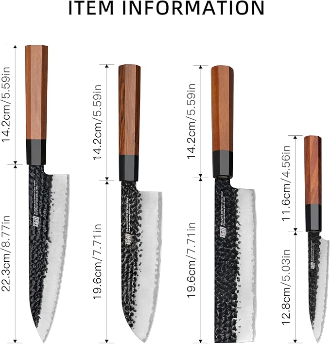 FINDKING 4PCS Kitchen Knife Set, Japanese Chef Knife Set with 9Cr18MoV High Carbon Steel Hammered Blades, Rosewood Octagonal Handles, for Meat, Fruits and Vegetables, Dynasty Series