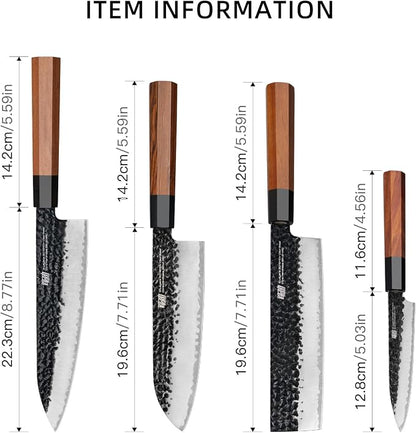 FINDKING 4PCS Kitchen Knife Set, Japanese Chef Knife Set with 9Cr18MoV High Carbon Steel Hammered Blades, Rosewood Octagonal Handles, for Meat, Fruits and Vegetables, Dynasty Series