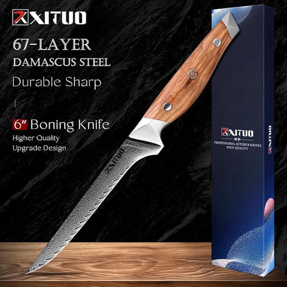 XITUO 6-Inch Boning Knife, Damascus Steel Sharp Blade with Olive Wood Handle – Heavy Duty Meat Trimmer for Steak, Ribs & Turkey, Great Gift for Cooking Enthusiasts