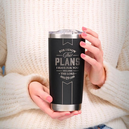 Christian Art Gifts Large Stainless Steel Inspirational Travel Tumbler for Men & Women: Know the Plans Encouraging Bible Verse, Engraved Double Wall Vacuum Insulated, Lid, 24hr Hot/Cold, Black, 18 oz.