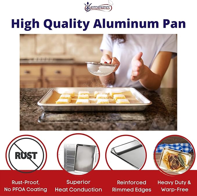 KITCHENATICS Quarter Sheet Baking Pans, 1060 Solid Aluminum Cookie Sheet Set - Oven Safe, Nonstick, Rimmed Cooking Trays, 1/4 Baking Sheets for Oven, Roasting, Baking - 9.6" x 13" IN, Set of 2