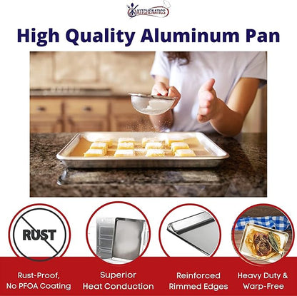 KITCHENATICS Quarter Sheet Baking Pans, 1060 Solid Aluminum Cookie Sheet Set - Oven Safe, Nonstick, Rimmed Cooking Trays, 1/4 Baking Sheets for Oven, Roasting, Baking - 9.6" x 13" IN, Set of 2