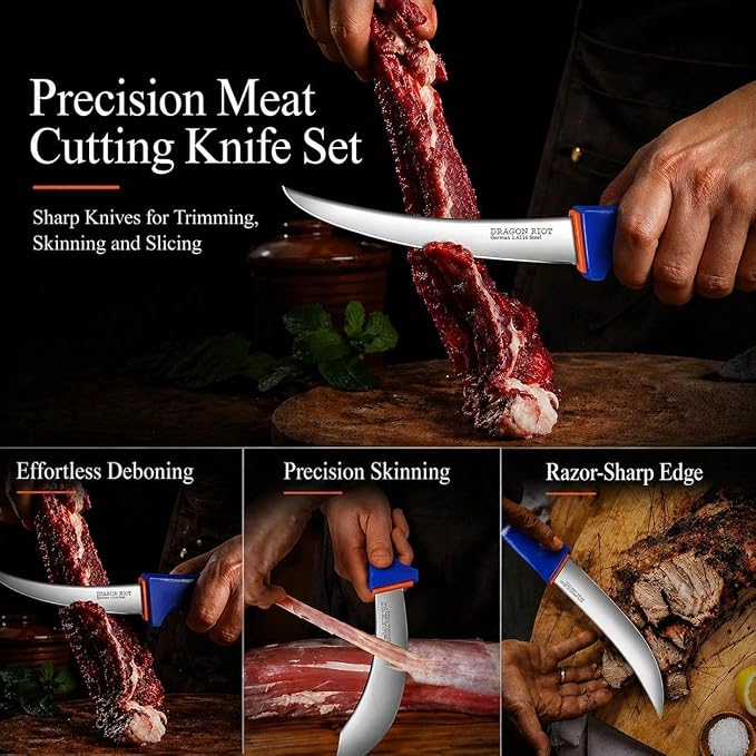 DRAGON RIOT 3 Pcs Butcher Knife Set, Stainless Steel Boning & Carving Knives, Sharp Kitchen Cutlery for Meat Cutting Trimming, Perfect for Home Kitchen, Outdoor Camping BBQ & Holiday Gift