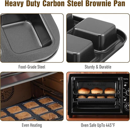 4 Pack Mini Brownie Pan with Dividers, Brownie Bite Pan, 12 Cavity Square Cupcake Pans, Non-Stick Carbon Steel Baking Tray for Individual Brownies, Cakes & Cookies