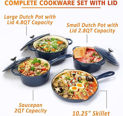 Hisencn Enameled Cast Iron Cookware Set - 7 Piece Dutch Ovens Set, Sauce Pan, Skillet, 3 Lids, Pots and Pans Set, Ceramic Coated Cast Iron, Heavy Duty, Gas/Induction Compatible, PFA Free