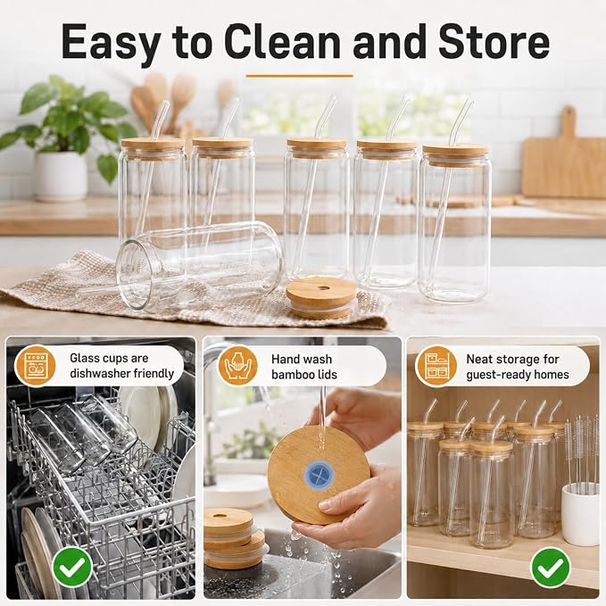 Glass Cups with Lids and Straws Set of 16, 16 oz Can Glasses with Bamboo Lids and Glass Straws, Iced Coffee Cups for Beer, Tea, Soda, Summer Hosting, Parties, Family Gatherings and Coffee Bar