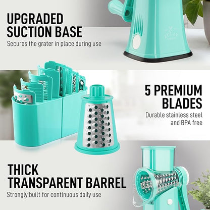 Zulay Kitchen Rotary Cheese Grater 5 Blade Cheese Shredder - Manual Hand Crank Cheese Grater With Reinforced Suction & 5 Interchangeable Drums - Easy to Use, Vegetable Chopper Round Mandoline Slicer