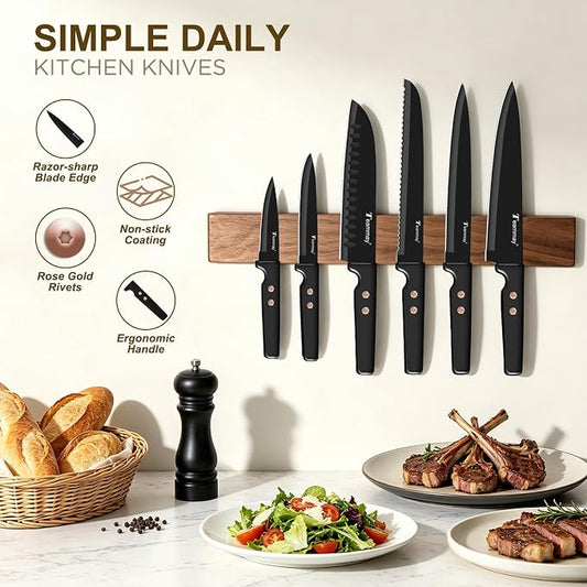12-Piece Kitchen Knife Set, Stainless Steel Knives with Non-Stick Coating, Dishwasher Safe, Black Knife Set with Rose Gold Rivets 6 Blade Guards, Perfect for Home Chefs Cooking Enthusiasts