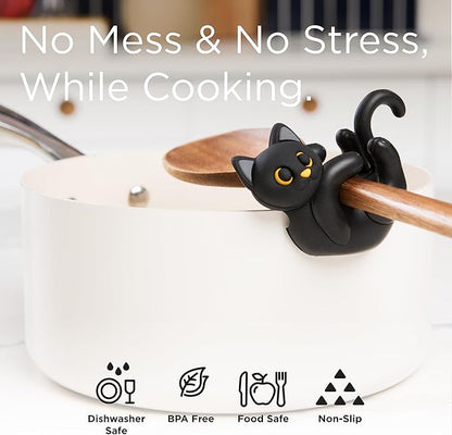 Black Cat Spoon Rest for Stove Top – Silicone Pot Clip Utensil Holder & Lid Lifter – Funny Kitchen Gadget, Unique Witchy Cat Gifts for Women & Halloween – 3" x 2.5"