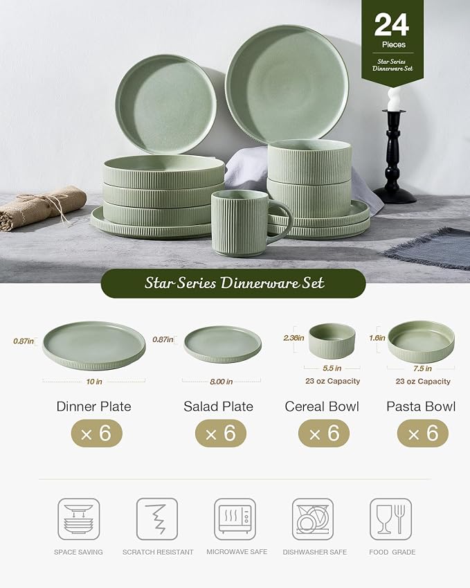 Famiware Star 24-Piece Stoneware Dinnerware Sets for 6 - Shallow Pasta Bowls & Flat Plates, Modern Rustic Reactive Glaze Dishes, Chip & Scratch Resistant, Microwave & Dishwasher Safe, Matte Sage Green