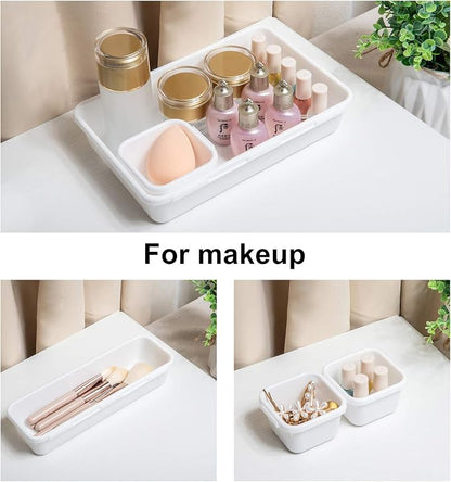 BYCY 18 Pcs White Drawer Organizers Trays Set Drawer Dividers for Kitchen Office Bathroom, Interlocking Bin Pack (18 Pieces)