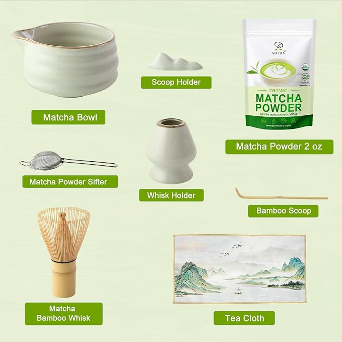 Soeos Matcha Powder, 2oz with 7-Piece Premium Matcha Starter Set - Includes Authentic Bamboo Whisk (Chasen), Ceramic Matcha Bowl (Chawan), Whisk Stand, Sifter, Scoop, and Scoop Rest