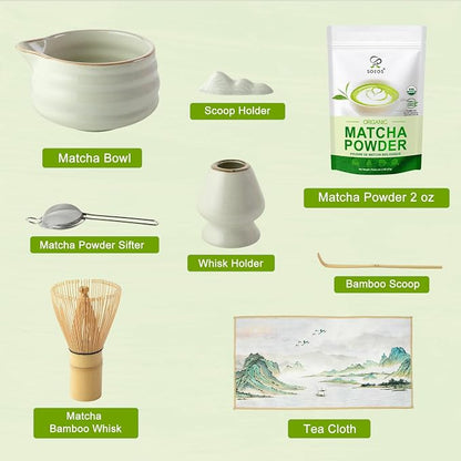Soeos Matcha Powder, 2oz with 7-Piece Premium Matcha Starter Set - Includes Authentic Bamboo Whisk (Chasen), Ceramic Matcha Bowl (Chawan), Whisk Stand, Sifter, Scoop, and Scoop Rest