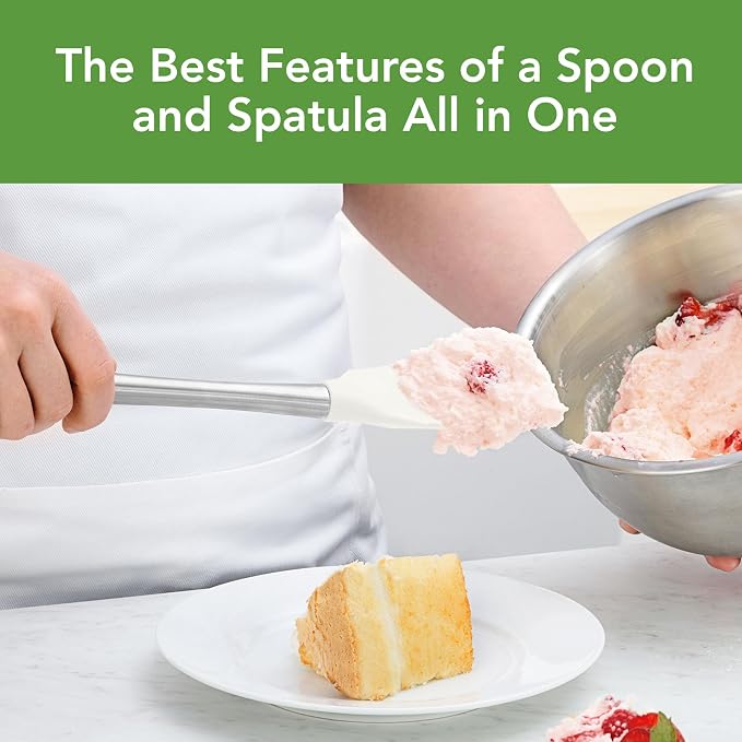 Spoon Spatula Spoonula with Stainless Steel Handle Ergonomic Grip White, Silicone Scoopula Kitchen Utensil Non Scratch Easy Clean Dishwasher Safe Heat Resistant Flex Core Scoop Spatula Tovolo