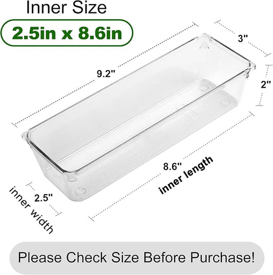 LotFancy 8 Pack Clear Plastic Drawer Organizers, 9.2''×3''×2'', Food Grade Storage Trays, Non-Slip Storage Bins for Kitchen Utensil, Silverware Cutlery, Bathroom, Office Desk, Makeup, Jewelry