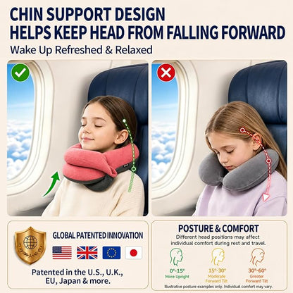 BUYUE Kids Travel Pillows for Airplane, Memory Foam 360° Head Support Sleeping Essentials for Girls Long Flight, Skin-Friendly Soft Neck Pillow for Traveling in Car Seat, (Small, Pink Grey, 40-90 lbs)