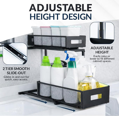 Under Sink Organizer Set of 2, Heavy Duty Matte Black Metal Cabinet Organizer with Retractable Shelves, Adjustable Height, Expandable Storage for Kitchen Bathroom and Laundry Room