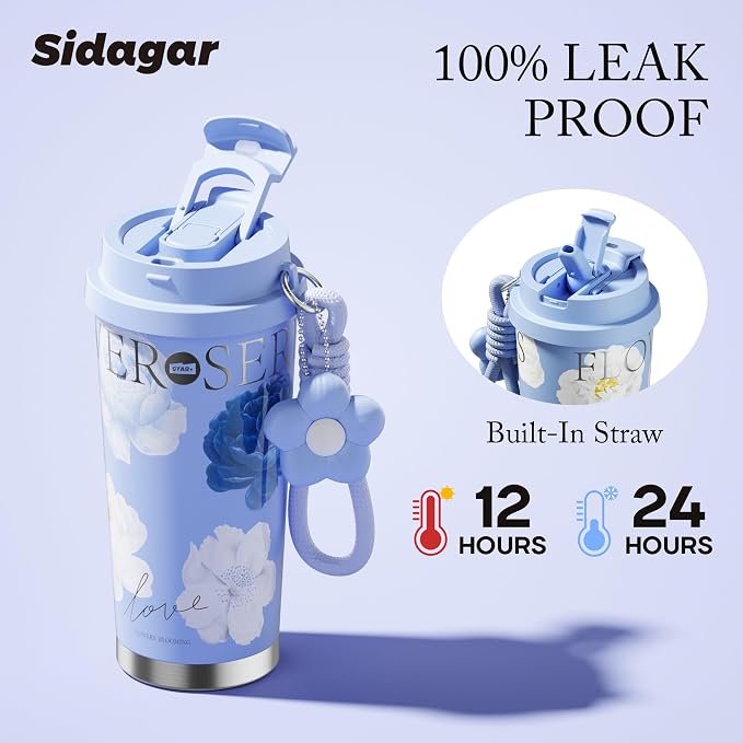Siidagar 18 oz Coffee Mug, Stainless Steel Insulated Travel Mug with Flip Straw, Double Wall Tumbler Cup with Leak Proof Lid,Reusable Ceramic Water Bottle for Office,Blue