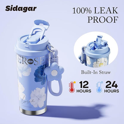 Siidagar 18 oz Coffee Mug, Stainless Steel Insulated Travel Mug with Flip Straw, Double Wall Tumbler Cup with Leak Proof Lid,Reusable Ceramic Water Bottle for Office,Blue
