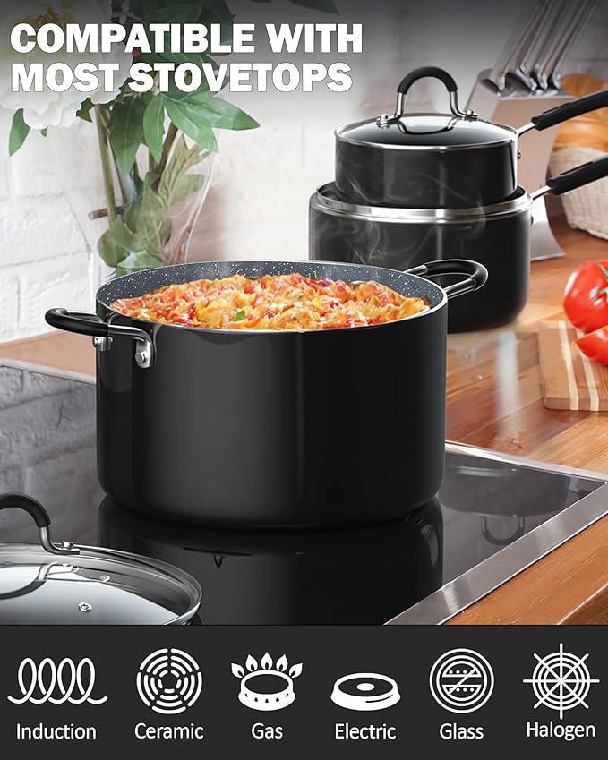 Cook N Home Professional Induction Compatible Marble Nonstick Cookware Set, Pots and Pans Set Includes Saucepans with Lid, Stockpot with Lid, Frying Pans, Heavy Nonstick, 8-Piece, Black/marble