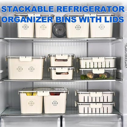 Fruit Storage Containers for Fridge with Lids, Handle and 2 Removable Colanders, Portable Refrigerator Fruit Organizer Bins, BPA-Free Fresh Produce Saver & Food Box for Food, Vegetable, Egg Storage