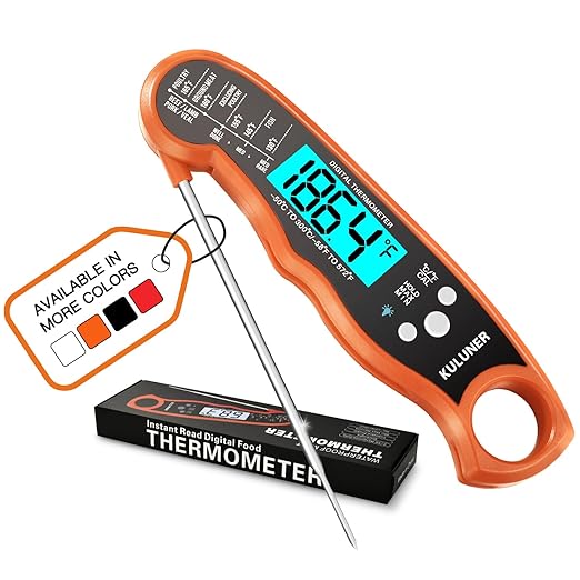 KULUNER Digital Meat Thermometer Instant Read, Orange Waterproof Food Thermometer with 4.6" Folding Probe, Backlight & Calibration, 2-3s Fast Reading for Kitchen BBQ Grilling Cooking - Orange