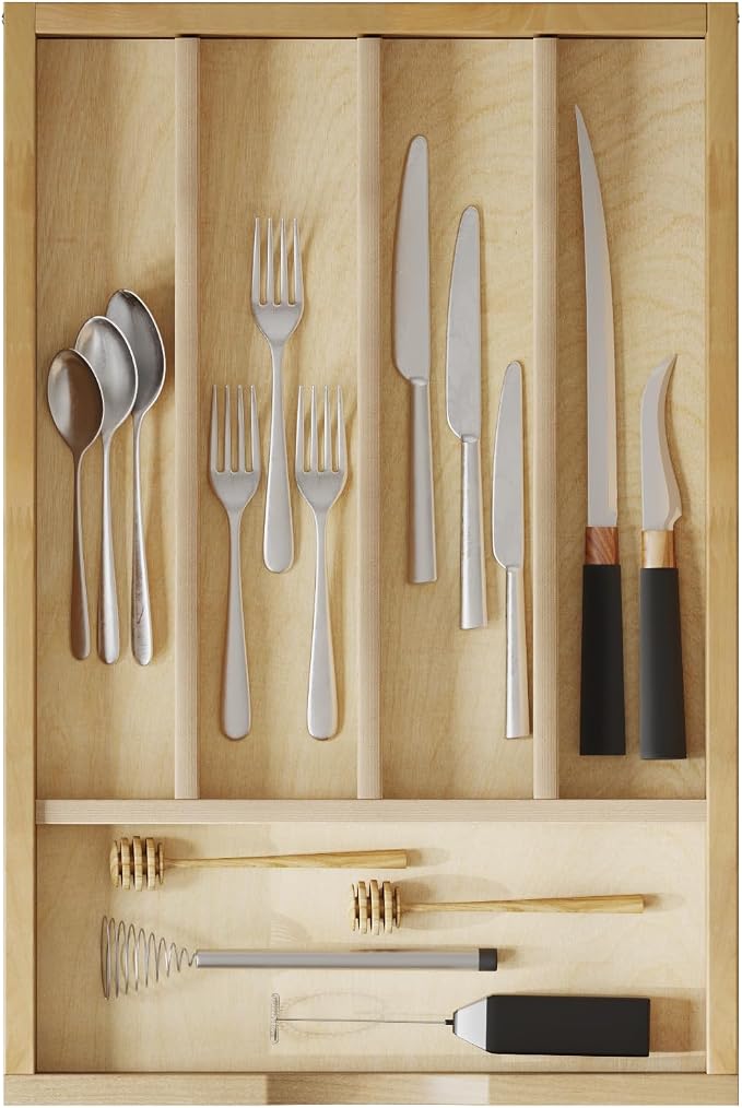 WelFurGeer Solid Birch Wood Silverware Drawer Organizer, Wooden Cutlery Drawer Organizer, Utensil Tray for Kitchen Drawers, Kitchen Utensil Organizer for Silverware, Flatware, Spoons, Forks, Knives