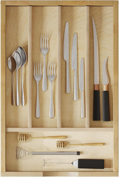 WelFurGeer Solid Birch Wood Silverware Drawer Organizer, Wooden Cutlery Drawer Organizer, Utensil Tray for Kitchen Drawers, Kitchen Utensil Organizer for Silverware, Flatware, Spoons, Forks, Knives