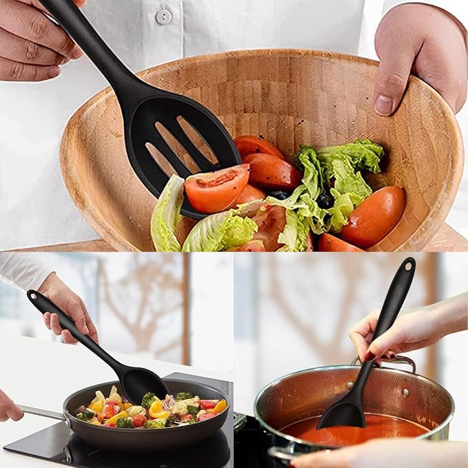 Silicone Cooking Spoons Set of 2,10.6 inch Non Scratch Solid and Slotted Spatula Spoons for Baking, Cooking, Serving, Dishwasher Safe, Heat Resistant Kitchen Utensils (Black)