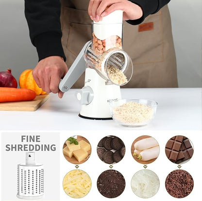 Cambom Rotary Cheese Grater Hand Crank Cheese Shredder for Fresh Cheese, Vegetable, Nuts,Non-slip Suction Base,Three Blades,White