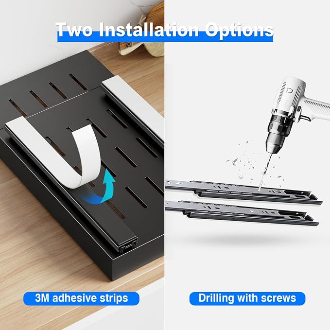 Mustorn 2 Pack Pull Out Cabinet Organizer,21.8" Deep Slide Out Drawer for Cabinets Adhesive Pull Out Drawers Heavy Duty Pull Out Shelves for Kitchen,Cupboard,Pantry,Bathroom-Black