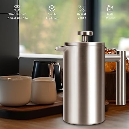 SZHETEFU French Press 34 OZ, Durable Stainless Steel French Press Coffee Maker, Double-Wall Insulated Coffee Presses for Travel Camping Tea, Easy to Use, Dishwasher Safe (Silver Matte)