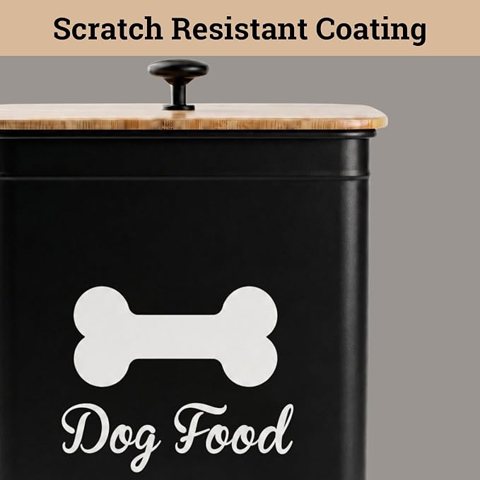 Dog Food Container Airtight 5-7 lb (25 Cup) Capacity - Cute Airtight Dog Food Storage Container with Bamboo Lid & Sturdy Metal Handle - Black Metal Kibble Storage Bin for Dogs up to 50 lbs - Pet Jar