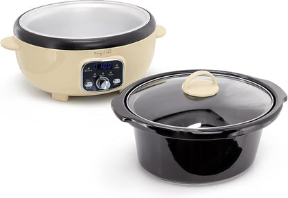 MegaChef 3.7 Quart Oval Electric Digital Slow Cooker with Black Stoneware Crock, Adjustable Timer & Temperature Control, Delay, High, Low & Warm Settings - Versatile Cooking Appliance (Cream)