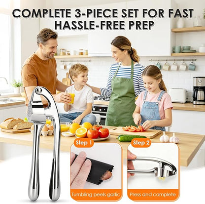 TACGEA Kitchen Garlic Press Set, Rust Proof Garlic Mincer Tool with Silicone Garlic Peeler and Brush