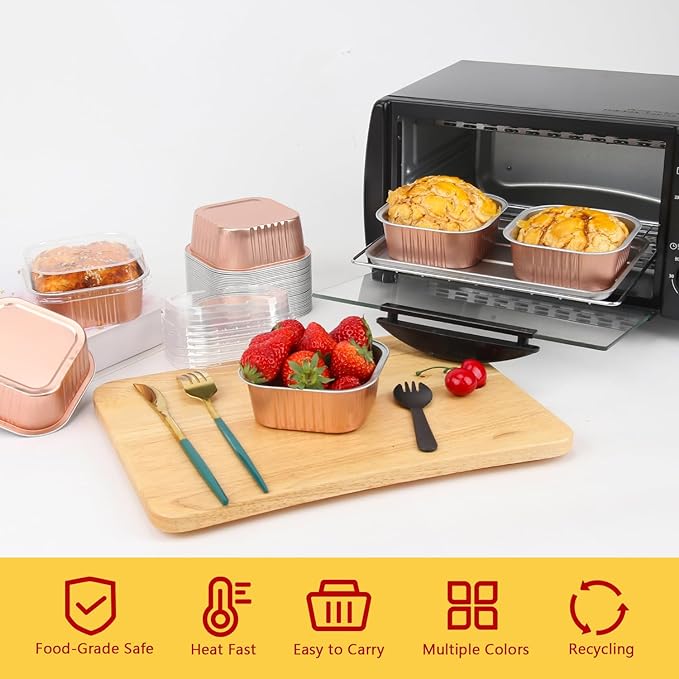 LNYZQUS Mini Cake Pans with Lids and Spoons,10oz Disposable Small Foil Baking Tins,40 Pack Individual Cake Containers for Home Bakers Bake Sales-Champagne,4x4 Square