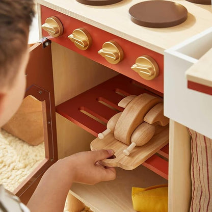 Tiny Land Play Kitchen for Toddlers, Wooden Kids Kitchen Playset with Cutting Food & Cookware, Oven, Clicking Knobs, Stove and Sink, Small Kitchen Toy Gift for Kids, Girls & Boys - Warm Retro