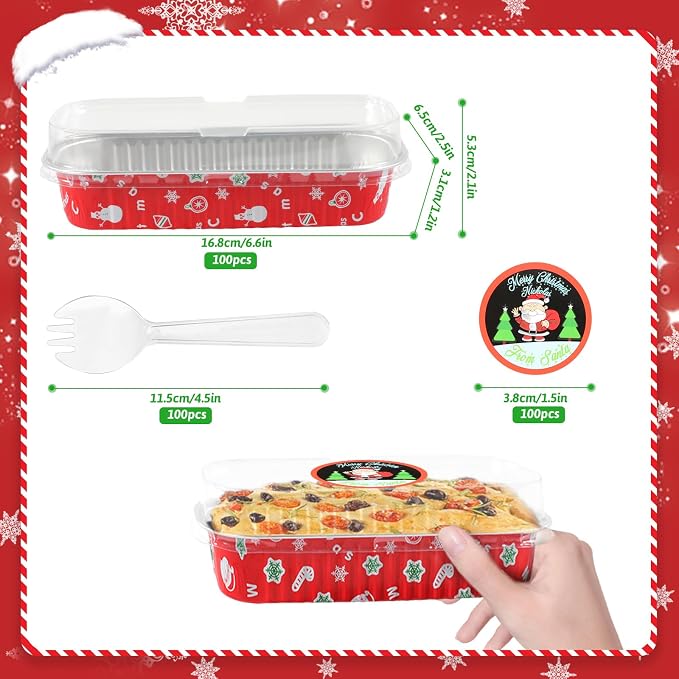 100Pack Christmas Mini Loaf Pans with Lids Mini Cake Pans with Lids and Spoons, 6.8Oz Aluminum Foil Pans Tins, Individual Dessert Cups Containers for Sales,Party,Picnics