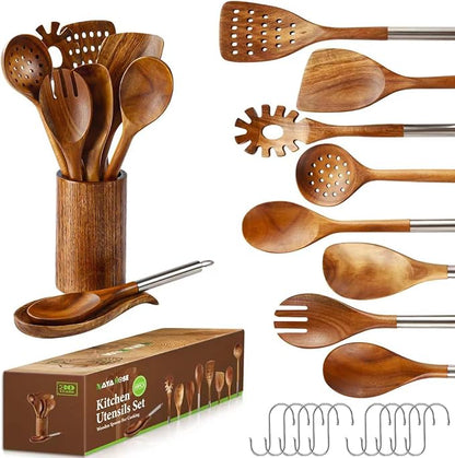 Wooden Spoons for Cooking with Utensils Holder, 10-Pieces Natural Acacia Wooden Utensil Set with Stainless Handle, Non-Stick, Wooden Cooking Spurtle Set for Mom, Wife Cookware Gifts