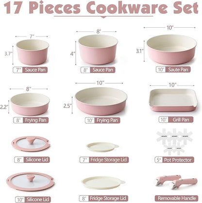 SENSARTE 17 Piece Ceramic Pots and Pans Set, Nonstick Detachable Handle Cookware, Induction Kitchen Cookware Set with Removable Handle, Dishwasher ＆ Oven Safe (Pink)