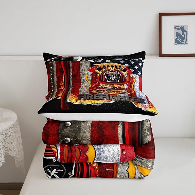 Manfei Fire Engine Red Axe Bed Comforter Set Queen Size,Firefighter Super Soft Microfiber Bedding Set for Girls Boys,American Flag Decorative Quilter Set