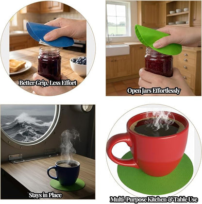 Jar Opener Set with Bottle Opener | 4 Pack Jar Gripper, Rubber Non Slip Pad & Coasters, 1 Cool Matte Black Pocket-Sized EDC Multi-Tool | Kitchen Gadgets, Gifts for Seniors with Arthritis & Weak Hands