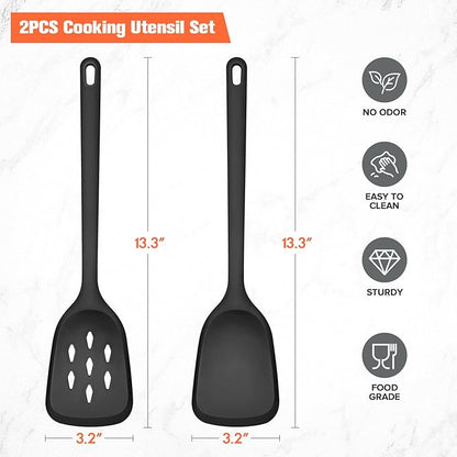 Silicone Cooking Spatula&Slotted Spatulas, Pack of 2,Solid Turner Kitchen Utensils Set for Cooking,Frying, Baking, Flipping, Turning,Heat Resistant 450℉ (BLACK)