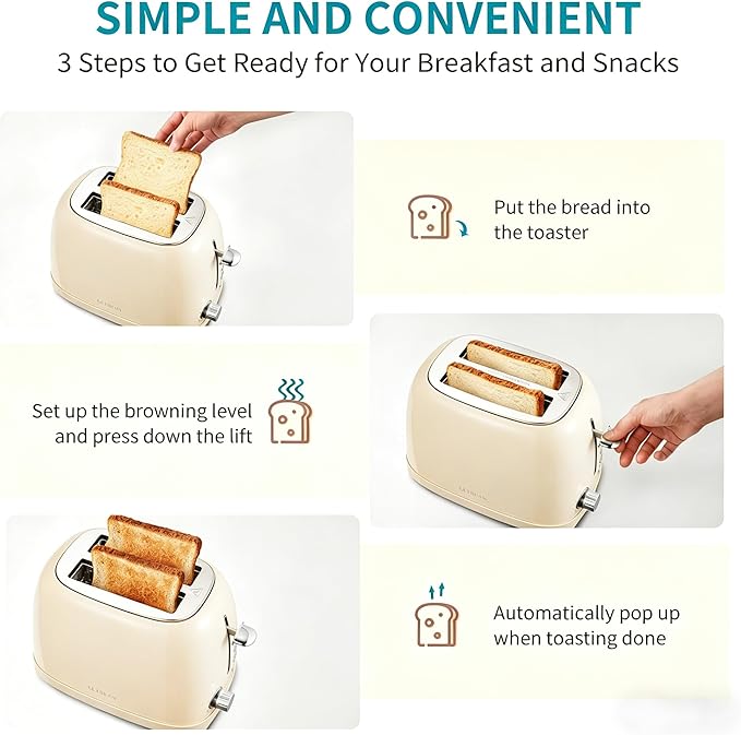 Ultrean Toaster 2 Slice with Extra-Wide Slot for Toasting Bagels, Breads, Waffles & More, Stainless Steel Material with Removable Crumb Tray, 6 Browning Settings