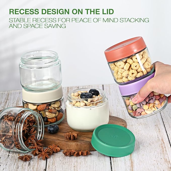 Hoa Kinh 9oz 12Pack Overnight Oats Jars with Lids, Leak Proof Small Jars for Overnight Oats, Cereal, Clear Empty Glass Jar with Lids for Kitchen(Red, Green, Purple and White)