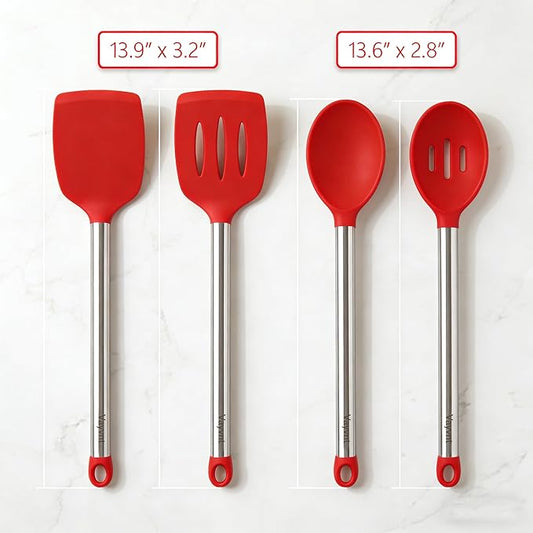 Vayvnt 4 PCS Silicone Kitchen Utensils, Large Cooking Utensils Set for Nonstick Cookware, Silicone Spatula Set Includes Spoons and Turners, Kitchen Essentials for Cooking, Dishwasher Safe, Red