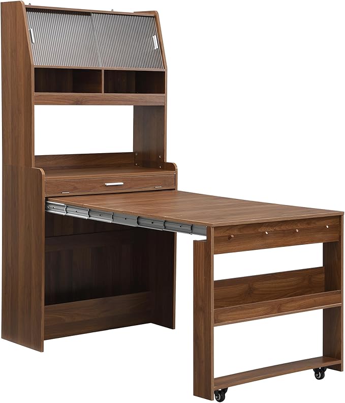 VilroCaz Multifunctional 69" Height Kitchen Pantry with Hutch and Foldable Dining Table, Freestanding Cupboard Cabinet with Storage Shelf and Side Hooks for Small Places (Walnut-5.8)